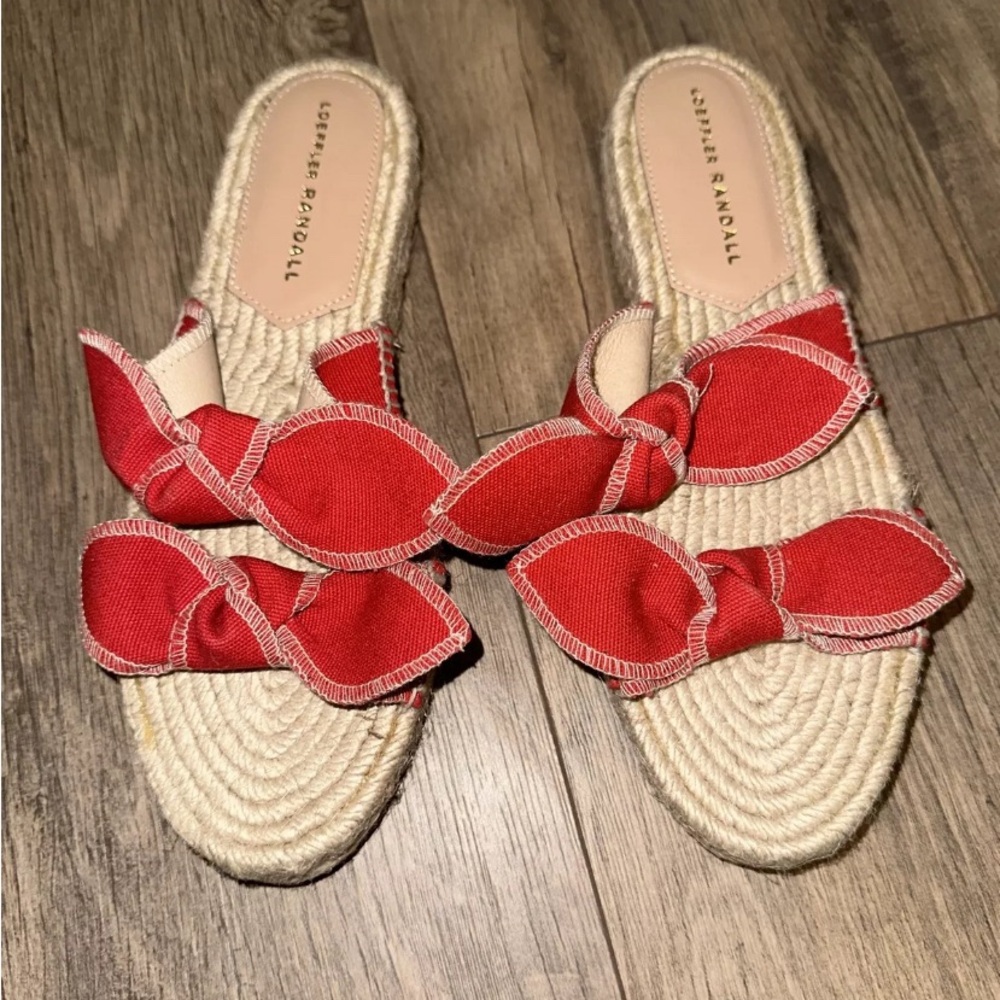 Loeffler Randall Red and Cream Loafers with Bow Detail